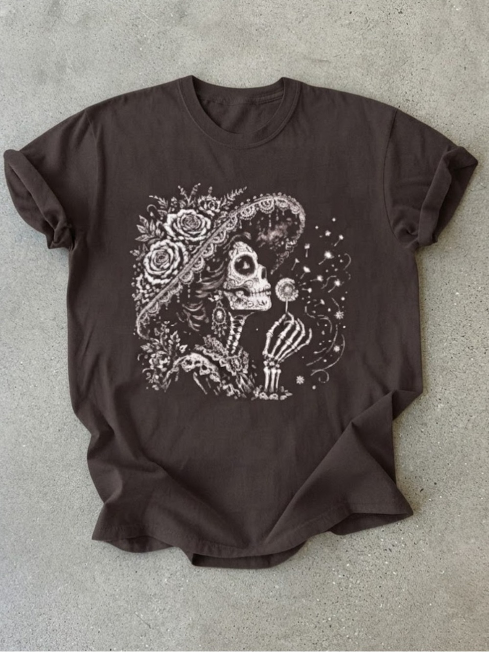 La Calavera Catrina Sugar Skull Floral Hat Dandelion Gildan T-Shirt